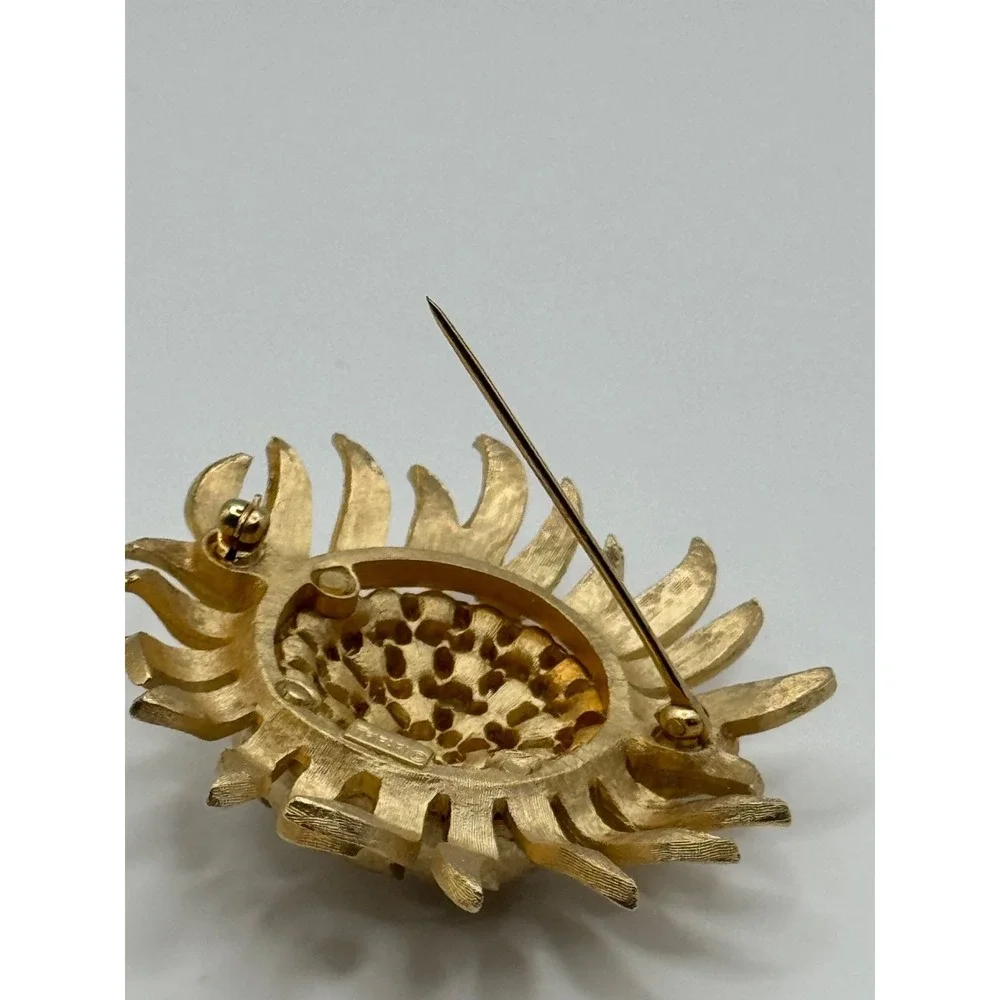 Vintage Crown Trifari Brooch Gold Tone Sunflower Flower Faux Pearl Pin